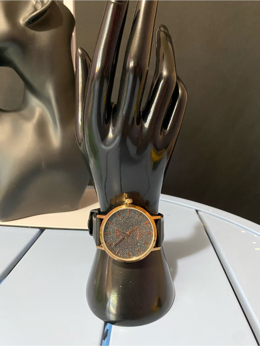 Roxy Surf RoseGold-Tone Glitter Dial Men's Wristwatch with Black Leather Strap
